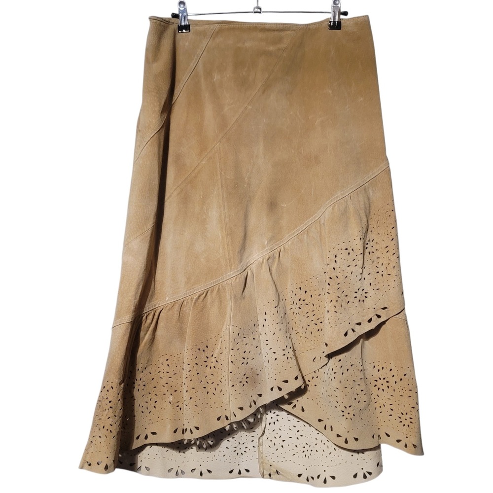 VTG Pamela McCoy Tan Suede Leather Laser Cut Eyelet Asymmetrical Midi Skirt Lg